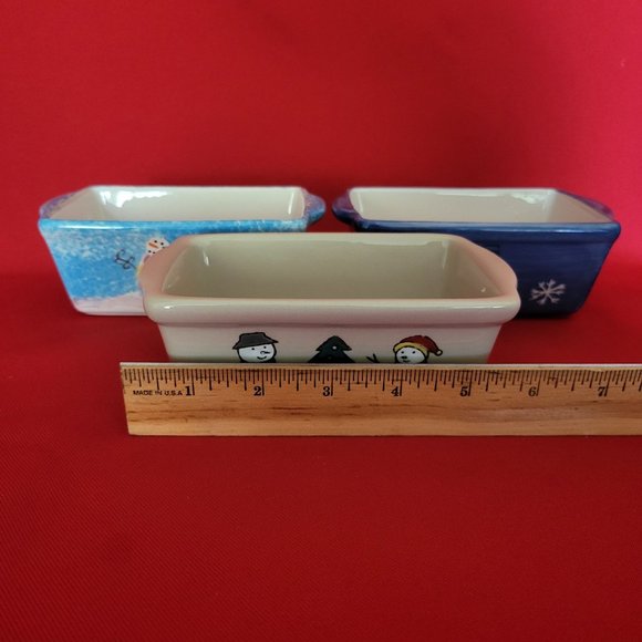 Mini Bread Loaf Pan Ceramic Stoneware Christmas Winter Snowman Snowflakes Set of - Picture 9 of 12